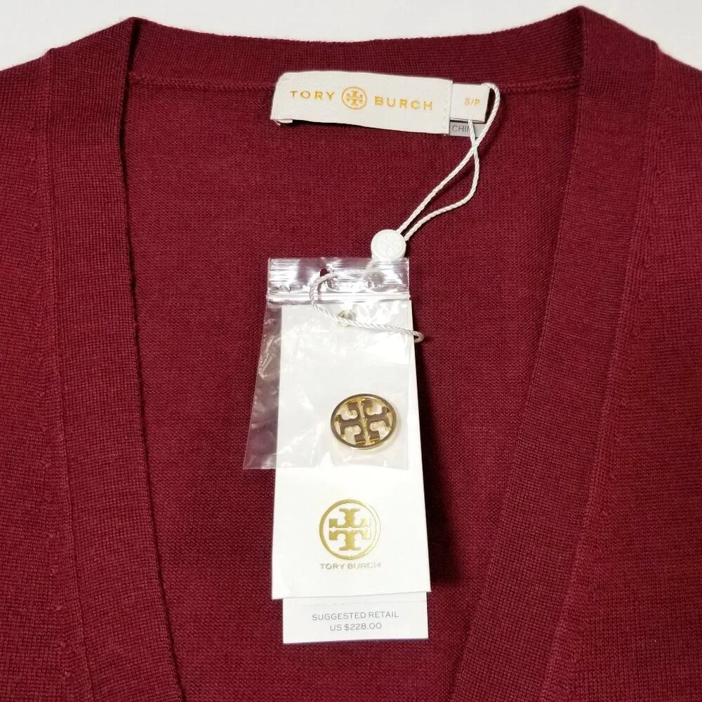 NWT Tory Burch Madeline 100% Merino Wool Cardigan Garnet Red‎ Logo Button XS
